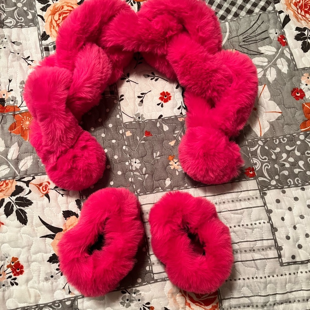 White House Black Market 
Vibrant Pink Faux Fur Scarf and Wrist Cuffs